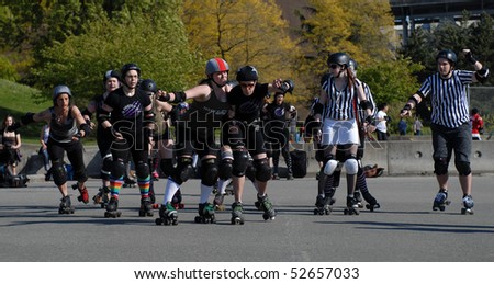 VANCOUVER, BC, CANADA - MAY 08: Terminal City Rollergirls participate in exhibition Roller Derby event near Sunset Beach, May 08, 2010 in Vancouver, BC, Canada