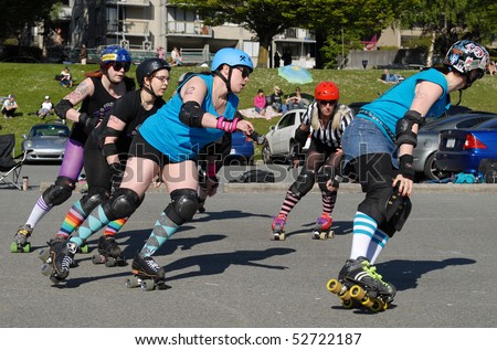 VANCOUVER, BC, CANADA - MAY 08: Terminal City Rollergirls participate in exhibition Roller Derby near Sunset Beach, May 08, 2010 in Vancouver, BC, Canada