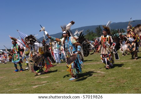 WEST VANCOUVER, BC, CANADA - JULY 10: Native Indian men participate in annual Squamish Nation Pow Wow on July 10, 2010 in West Vancouver, BC, Canada
