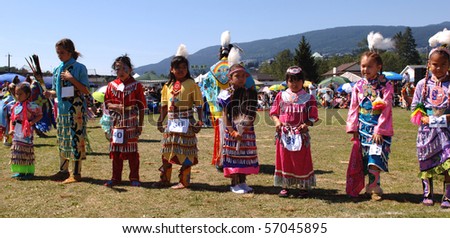 WEST VANCOUVER, BC, CANADA - JULY 10: Native Indian girls participate in annual Squamish Nation Pow Wow on July 10, 2010 in West Vancouver, BC, Canada