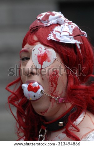 VANCOUVER, CANADA - SEPTEMBER 5, 2015: People dressed as zombies attend the annual Zombie Walk in Vancouver, Canada, Sep. 5, 2015.