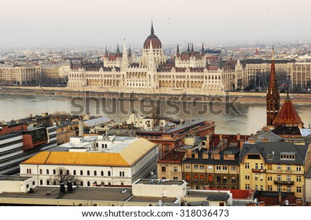 A photograph of Hungarian Parliament building taken from Castle Hill in Budapest, Hungary.