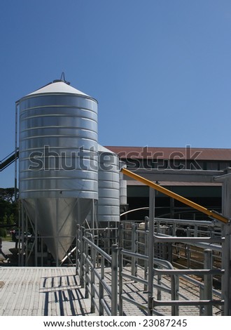 Dairy farm holding pens and grain silo