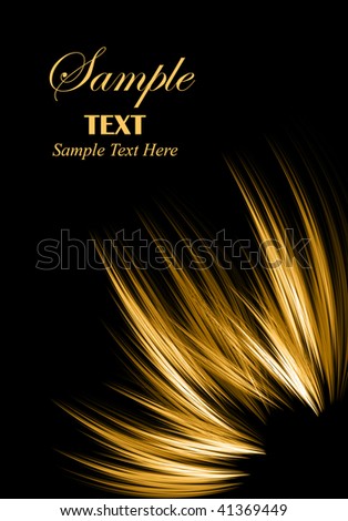 Golden abstract fractal over black background with colorful strokes which fan from the bottom right corner with copy space for text.