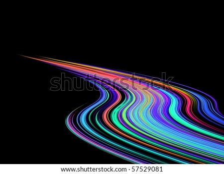 Abstract image depicting the speed of light using curving colorful rays converging together over a black background.