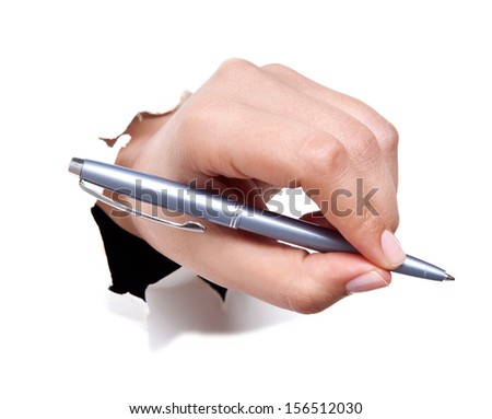 Hand with pen isolated on white