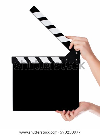 Hands holding a clapper board.Isolated on white  商業照片 © 