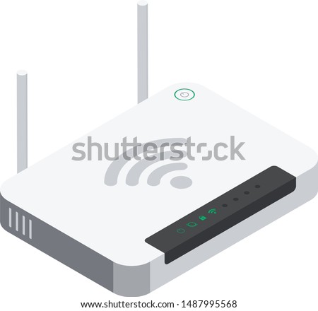 Isometric wi-fi router with two antennas and power button. Vector illustration isolated on white background.
