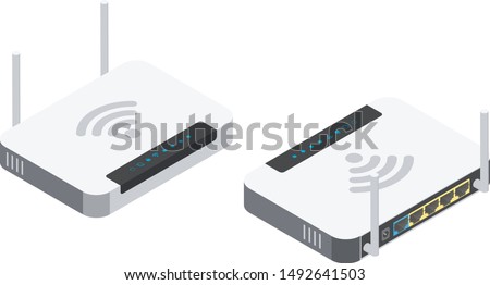 Wi-fi router with two antennas. Isometric illustration with different viewing angles.