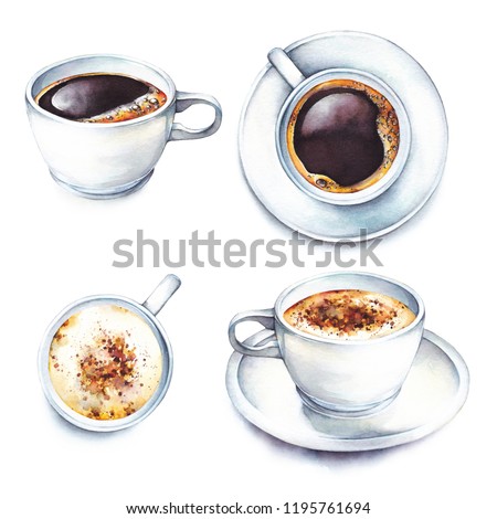 Isolated watercolor illustration coffee in a white porcelain cups. Watercolor food collection