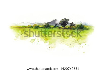 Watercolor illustration. Summer watercolor rural landscape