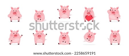 Collection of cute pig characters in different emotions. Isolated on a white background. Vector illustration