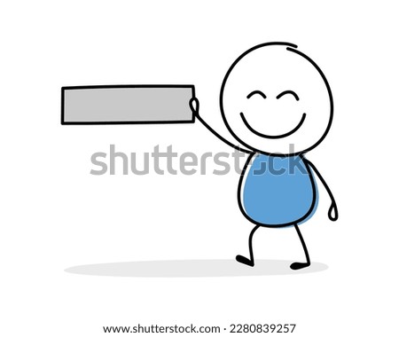 Happy cartoon stickman holding minus (subtraction) icon. Hand drawn design for a business presentation. Vector illustration 