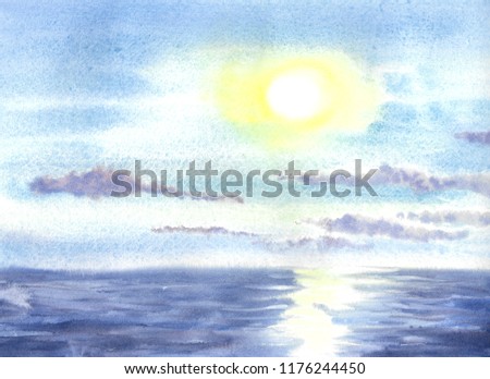 The sun is reflected by a path in the water and purple clouds against a blue sky, a watercolor landscape on textured paper