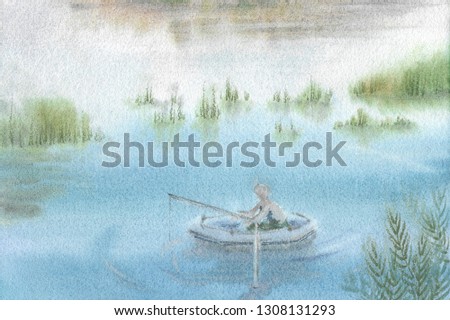 Fishing on a quiet water in a rubber boat, painted in watercolor