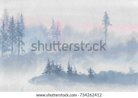 Abstract foggy blue-gray landscape. Twilight forest with tall lone trees painted watercolor