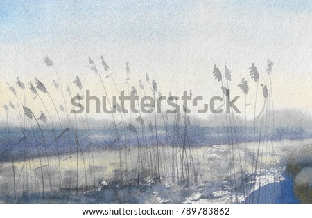 Abstract watercolor painted landscape: early spring, snow and ice are just beginning to melt, near the shore dry grass