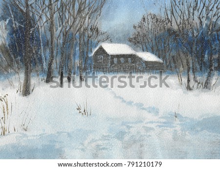 abstract winter landscape The house stands among the trees, ahead of the clearing and it's snowing, hand-painting with watercolor