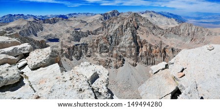 Panorama View of Mount Whitney from the Summit of Mount Langley, with smoke from forest fire in background, Sierra Nevada Mountains, California