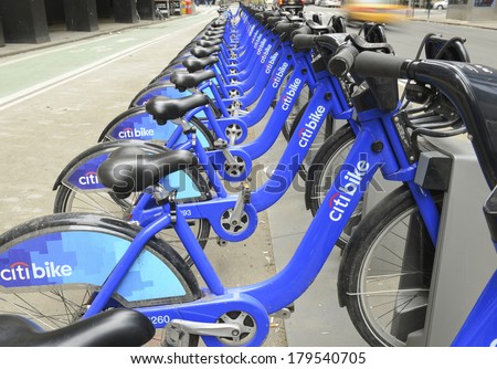 NEW YORK - MARCH 2 2014. Citi Bike, a Bicycle share program in Manhattan gives residents one more transportation option and reduces the consumption of fossil fuels in Manhattan. New York.