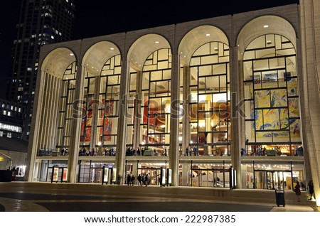 NEW YORK CITY - CIRCA OCTOBER 2014. People attend evening event at Lincoln Center, which is world renowned as a leader in the performing arts, hosting many of the best artists in its venues.