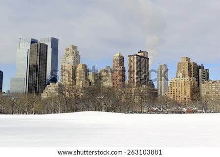 Manhattan Skyline from Central Park in the snow, New York City