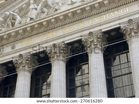 NEW YORK CITY - CIRCA APRIL 2015. Known as a symbol of capitalism and prosperity, The New York Stock Exchange is also popular tourist attraction located in downtown Manhattan.