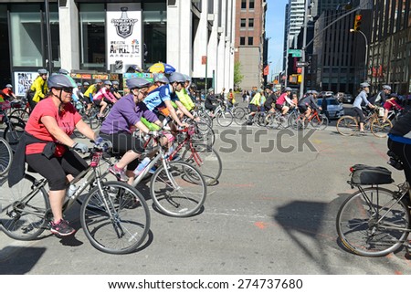 NEW YORK CITY. MAY 3, 2015. The Five Boro Bike Tour saw more than 30,000 cyclists of all levels participate in the weekend event which closed city streets all around Manhattan.