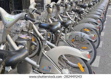PARIS, FRANCE. CIRCA MAY 2015. Velib Bike, a Bicycle share program in Paris gives residents and tourists one more transportation option and reduces the consumption of fossil fuels.