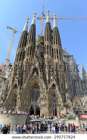 BARCELONA, SPAIN. CIRCA JUNE 2015. The Sagrada Familia cathedral , one of the signature works of Antoni GaudÃ­, remains a top tourist attraction in Barcelona, despite still being â??under constructionâ?�.