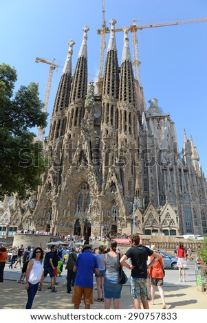 BARCELONA, SPAIN. CIRCA JUNE 2015. The Sagrada Familia cathedral , one of the signature works of Antoni GaudÃ­, remains a top tourist attraction in Barcelona, despite still being â??under constructionâ?�.