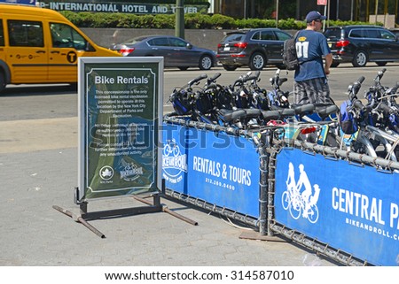 NEW YORK - CIRCA SEPTEMBER 2015. Bike and Roll, a Bicycle rental program in Manhattan gives tourists another transportation option and reduces the consumption of fossil fuels used by other vehicles.
