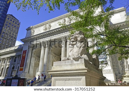 NEW YORK - CIRCA SEPTEMBER 2015. The New York Public Library on Fifth Avenue while being an active library filled with students is also a main tourist attraction for visitors in Manhattan.
