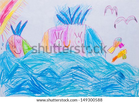 Children drawing in pencil,  whale  in  ocean