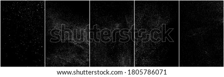 Set of distressed white grainy texture. Dust overlay textured. Grain noise particles. Snow effects pack. Rusted black background. Vector illustration, EPS 10.   