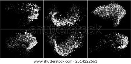 Set of distressed white grainy texture. Dust overlay textured. Grain noise particles. Snow effects pack. Rusted black background. Vector illustration, EPS 10.   