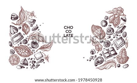 Choco border. Vector graphic cocoa fruit, beans, candy, sweets. Art sketch pattern. Aroma natural chocolate. Vintage design for sweet-shop, cafe