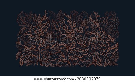 Coffee forest. Vector graphic pattern. Abstract branch, golden leaves, bean. Hand drawn background, tropical flora on black background. Organic aroma drink