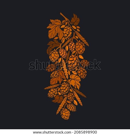 Vector graphic branch of hop, golden seed, barley and wheat spica, malt. Texture print for pub. Art craft background. Organic raw dark beer Zdjęcia stock © 