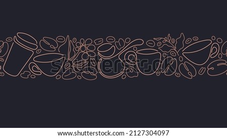 Coffee linear print. Abstract cup, beans. Vector contour seamless strip repeat on black background. Natural aroma drink
