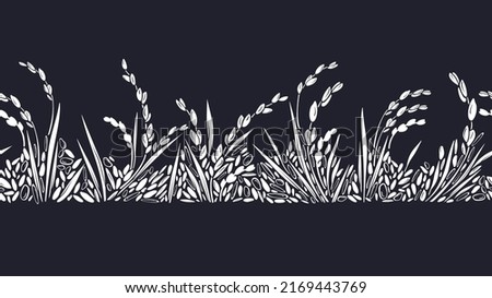 Rice field. Graphic seamless pattern. Vector border, white grains, texture strip. Agriculture plant. Organic milk, gluten free flour