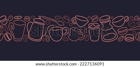 Coffee art line border, seamless pattern. Abstract graphic cup, pot, grain. Vector contour golden strip on black background. Outline sketch for cafe shop