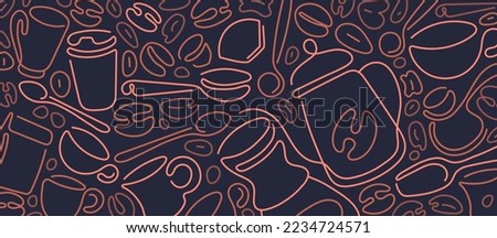 Coffee background. Abstract graphic cup, cerve, bean. Art line vector illustration on black background. Aroma drink