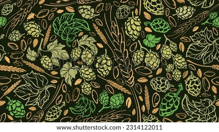 Green hops and malt print. Vintage beer endless background. Sketch of hop plant with cones, leaves, grain for beer brewing and packaging