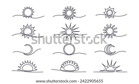 Linear sun, moon sign. Vector continuous line elements. Energy symbol isolated on white background. Sketch simple set