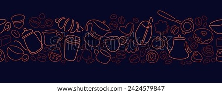 Bakery and dessert pattern. Line coffee, tea cup, graphic cake, croissant. Vector seamless border with breakfast food in doodle style. Perfect for print, wrapping paper