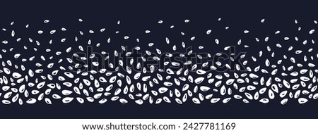 Scatters of white seeds. Black and white grainy texture. Culinary condiment, food ingredient. Seamless vector pattern on white background. Border