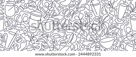 Coffee plantation, cups. Line endless abstract pattern. Vector illustration for cafe shop design, textile print. Modern single linear background