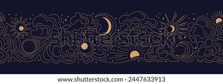 Sun, moon, line cloud border. Stars on night esoteric sky in minimal style. Vector golden chinese pattern on black backdrop. Graphic mystic design. Cosmic textile