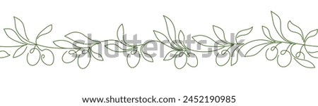 Olive line endless border. Mediterranean farm harvest. Minimal linear pattern for oil design, food background. Vector abstract kalamata natural eat